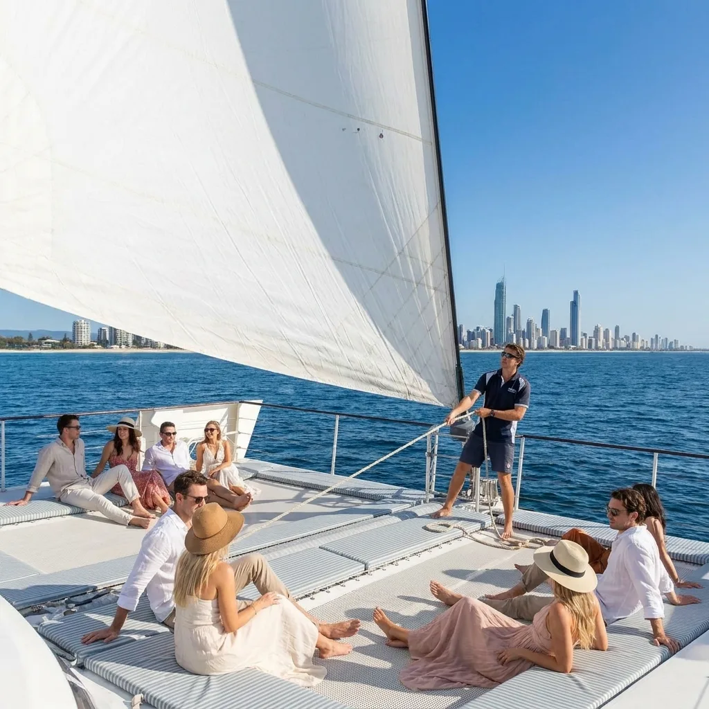 Guests on the bow daybeds — Christmas party boat Gold Coast