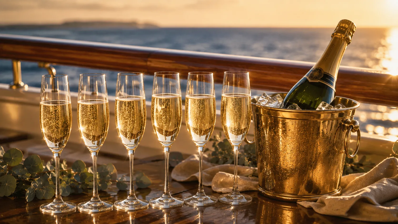 Champagne flutes and a bottle on ice at sunset on a Gold Coast sailing voyage