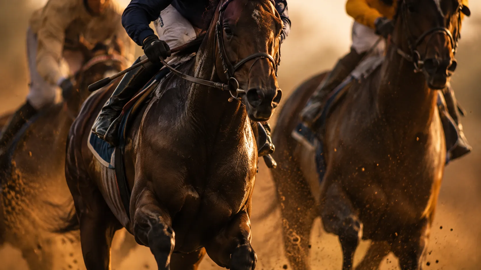 Racehorses at full stride in golden light for the Melbourne Cup Gold Coast sailing voyage