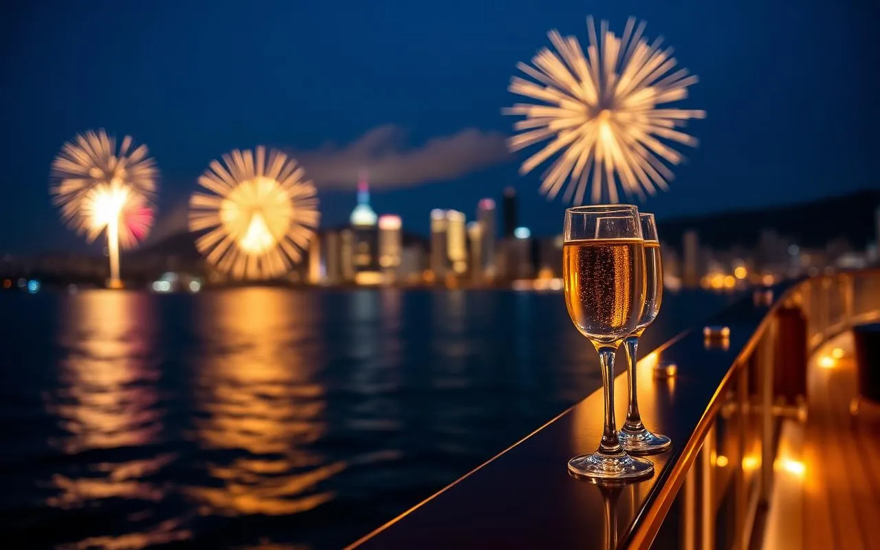 Champagne on the rail as fireworks light the skyline on a New Year Gold Coast sailing voyage