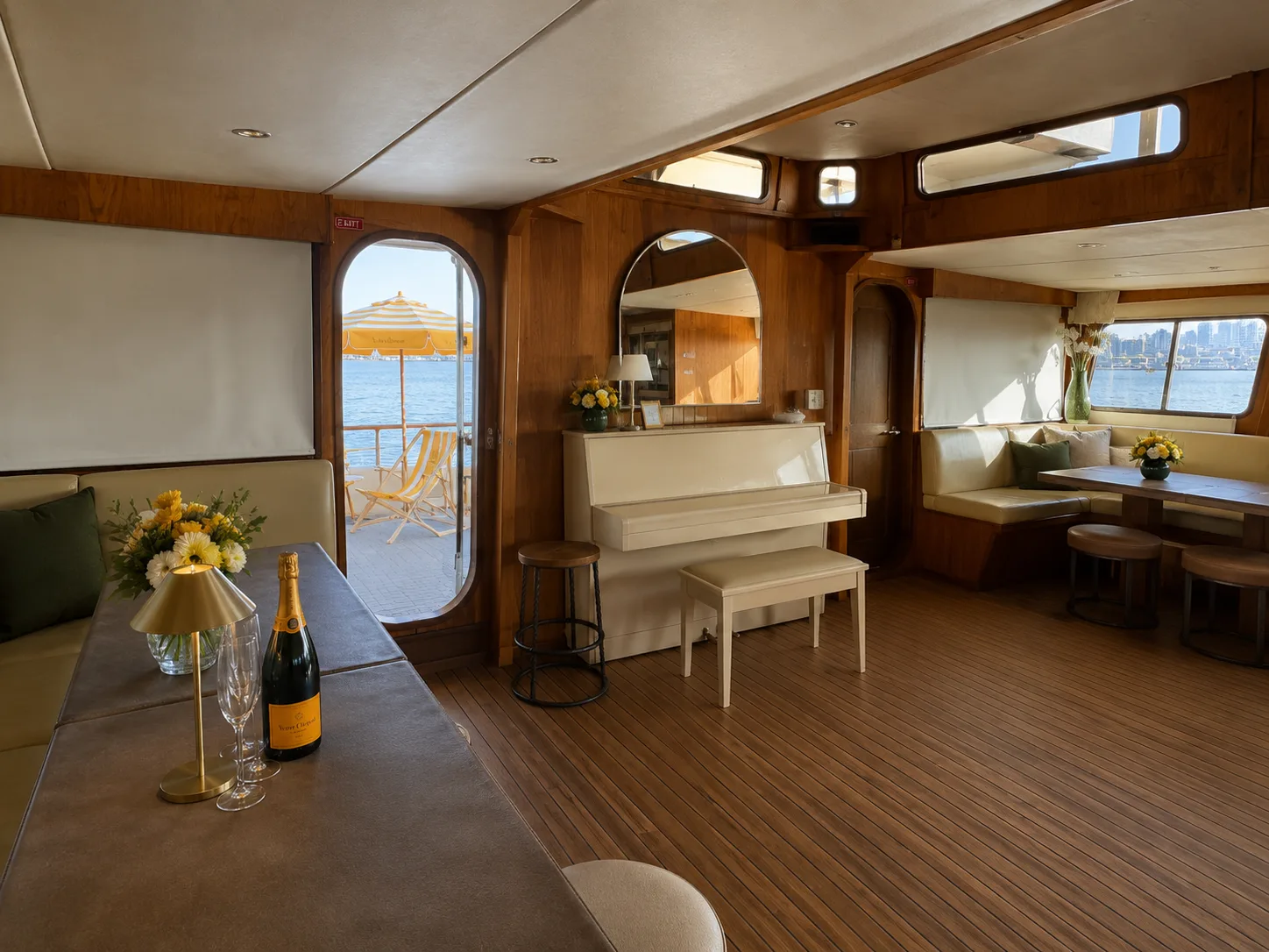 The piano bar aboard Gold Coast sailing superyacht VOYŌ